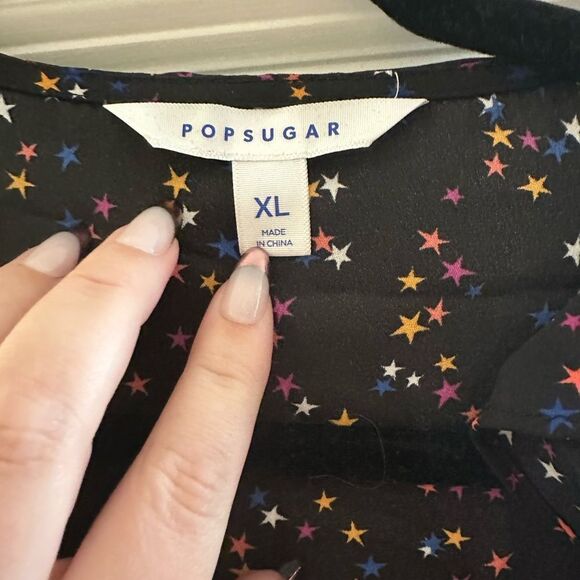 Popsugar Black Multi Stars Print Ruffle Long Sleeve Knee Length Wrap Dress XL - Picture 4 of 4